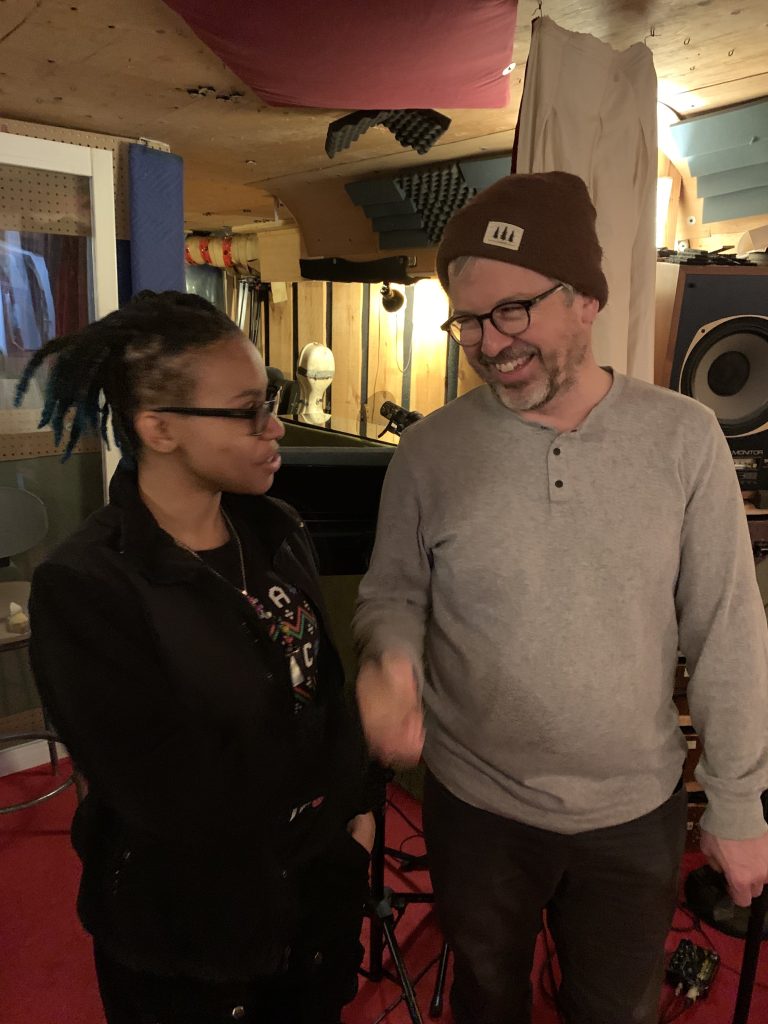 Myles and Doug Friesen (bass player) in the studio